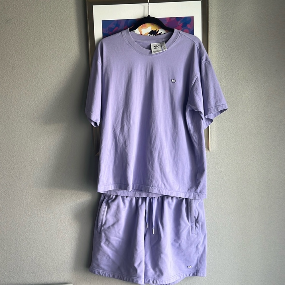 Two piece purple men’s adidas organic cotton sz LG shorts w pockets & shirt